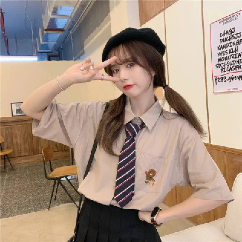 

2021 Summer Girly Cotton Shirt Female Design Sense Niche Loose Tie Japanese Sweet Short-sleeved Top