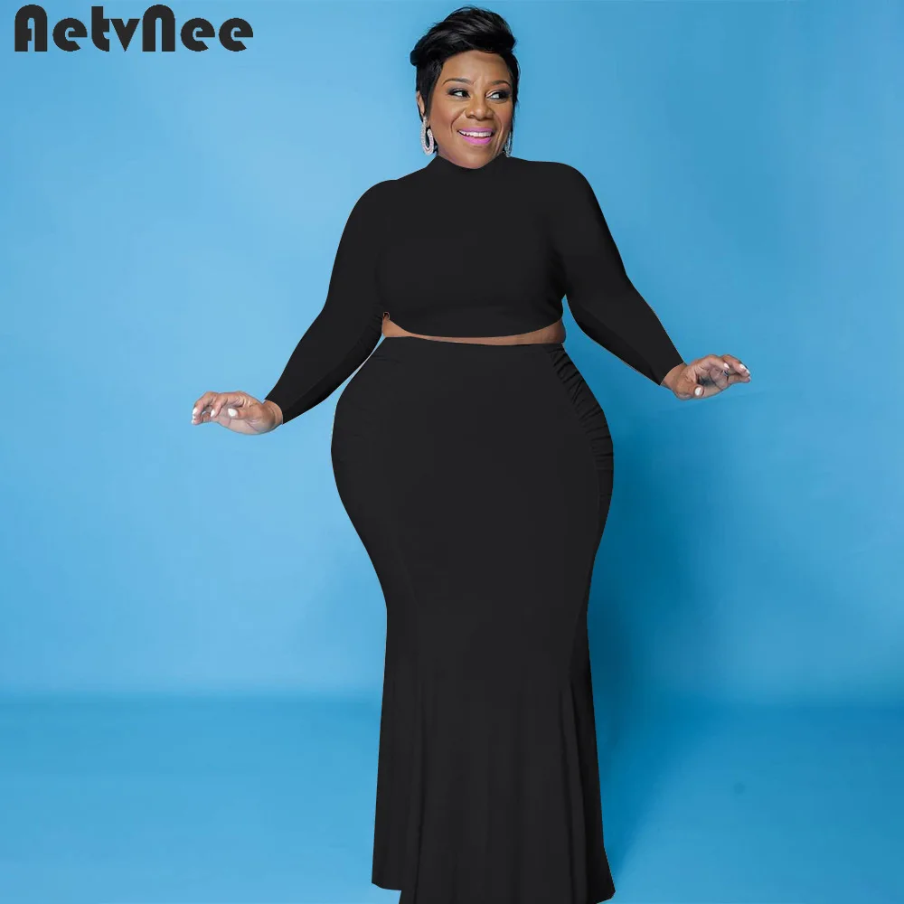 

Plus Size Skirts Sets Women Clothes Full Sleeve Slim Tops Stretchy Folds Bodycon Maxi Skirt Two 2 Piece Set Stylish Street Suits