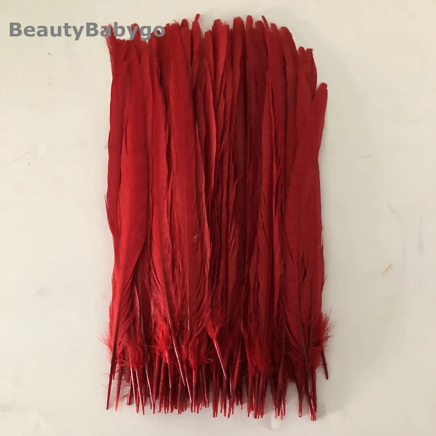 red 100 штук, черные перья фазана с кольцом, 25-30 см, 10-12 дюймов, длинные натуральные Куриные перья, шлейфы, карнавал, рождественские украшения - Цвет: red