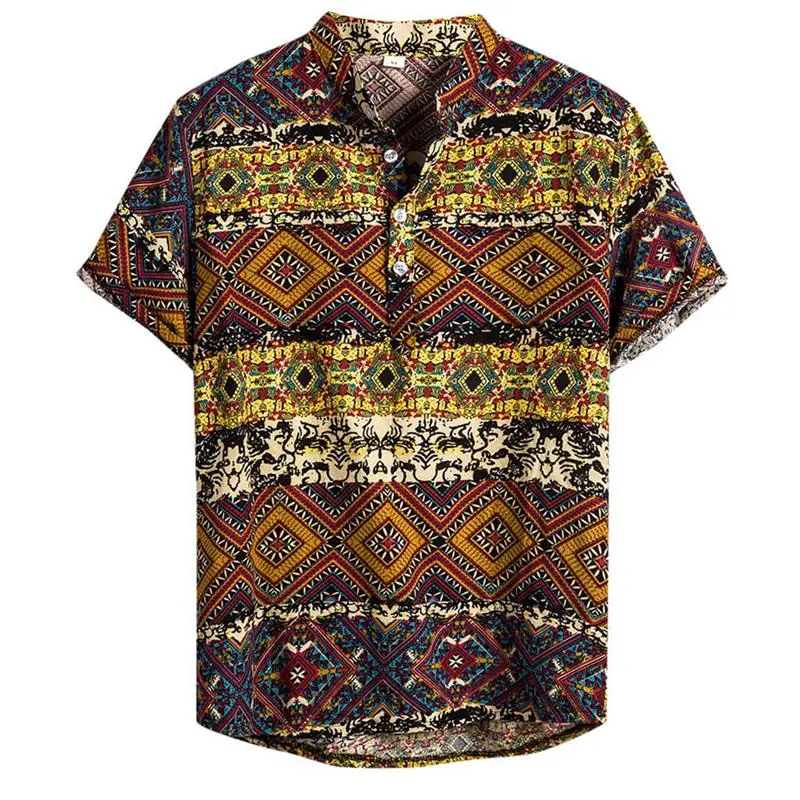 Yellow 1 Мужская гавайская рубашка camisa, летняя Этническая Повседневная хлопковая льняная рубашка с коротким рукавом, мужская рубашка chemise homme, уличная одежда W - Color: Yellow 1