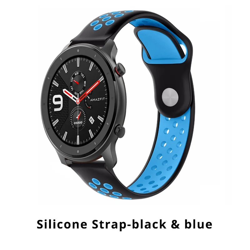 Silicone black blue Huami Amazfit GTR 47 мм умный Браслет замена металла Милана из нержавеющей стали кожаный силиконовый холст ремешок для часов - Цвет: Silicone black blue