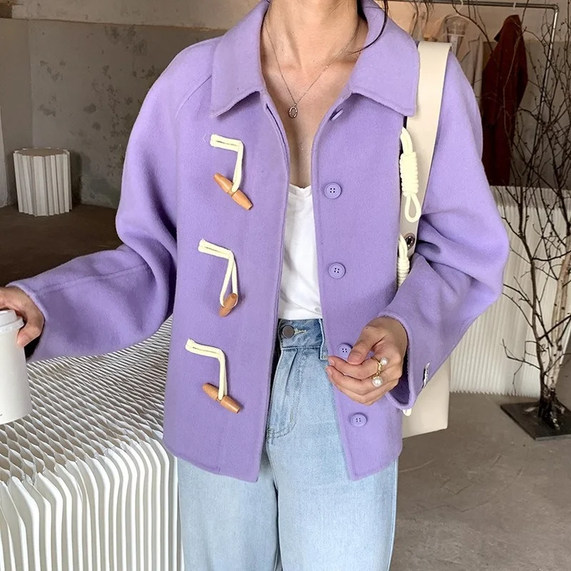 

2022 Korean Autumn Winter Overcoat Women Short 100%Wool Coat Women Tops Horn Buckle Purple Cashmere Jacket Female Woolen Outwear
