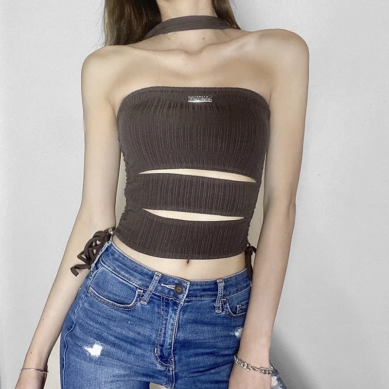 

Женский трикотажный топ-майка в рубчик, с лямкой на шее