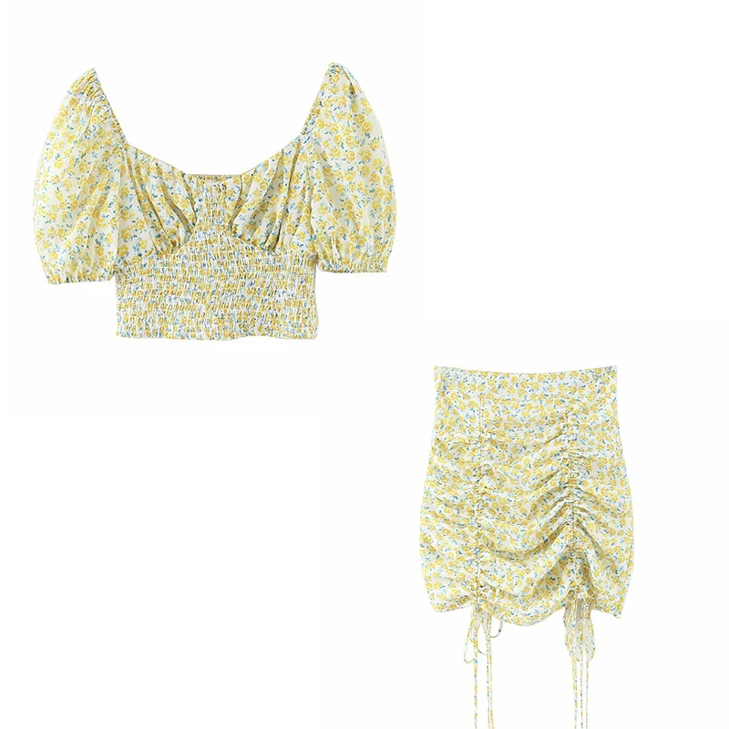 

MosiMolly Floral Print Shirred Dress Women Chic Flower Two Pieces Dress Sets Boho Beach Dress