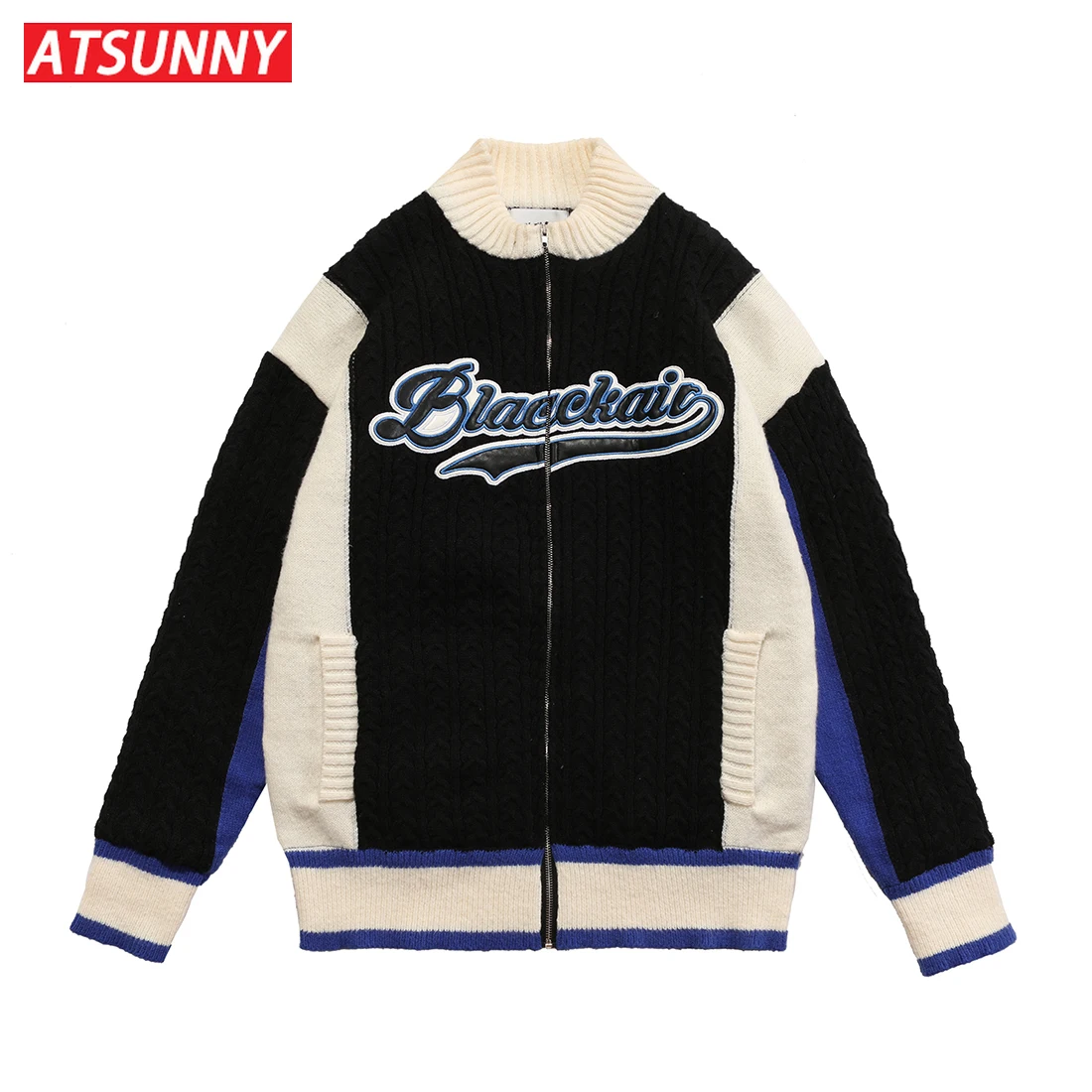 ATSUNNY American Streetwear Retro Sweater Stitch Color Campus Style Quilted Jacket Harajuku Style Man Autumn and Winter Clothes
