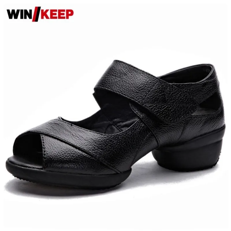 

Мягкие туфли для танцев Летняя женская обувь на не сужающемся книзу массивном современный танец Спортивная обувь Открытый носок дышащая дл...