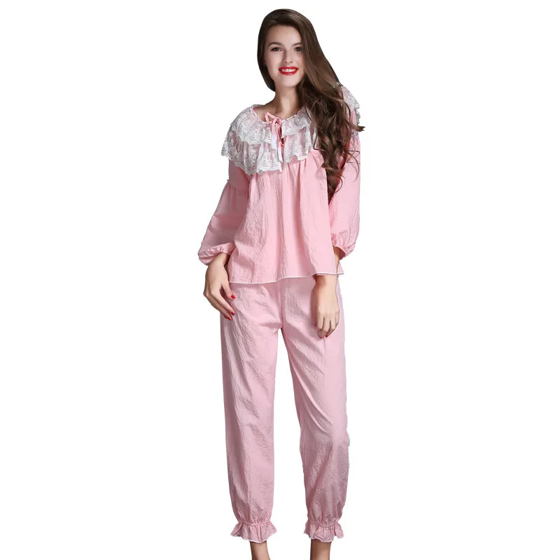 

womens cotton pajamas set couple set sleepwear 2019 spring summer plus size nightwear pants 2 piece sexy home suit pink lace