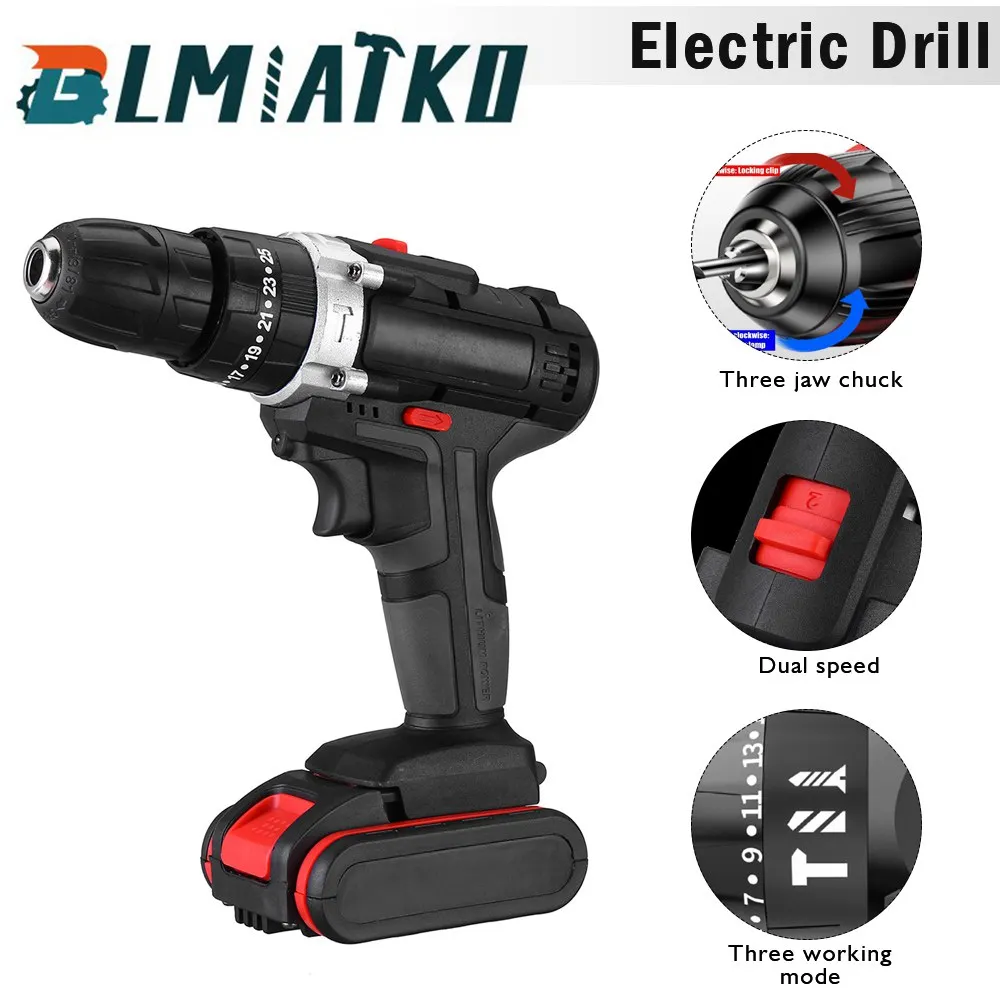

Беспроводная электрическая дрель BLMIATKO 21 в 3 в 1, отвертка с 2 скоростями 25 + 3 беспроводными инструментами для электродрайверов с 2 аккумулятор...
