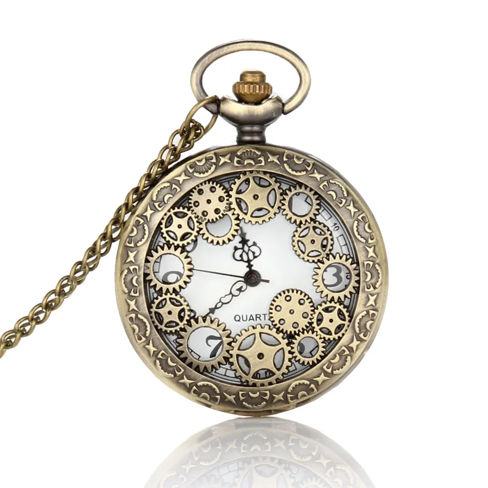 

Retro Design Hollow Gear Fob Watch Vintage Bronze Pocket Watch Necklace Chain Pendant A66
