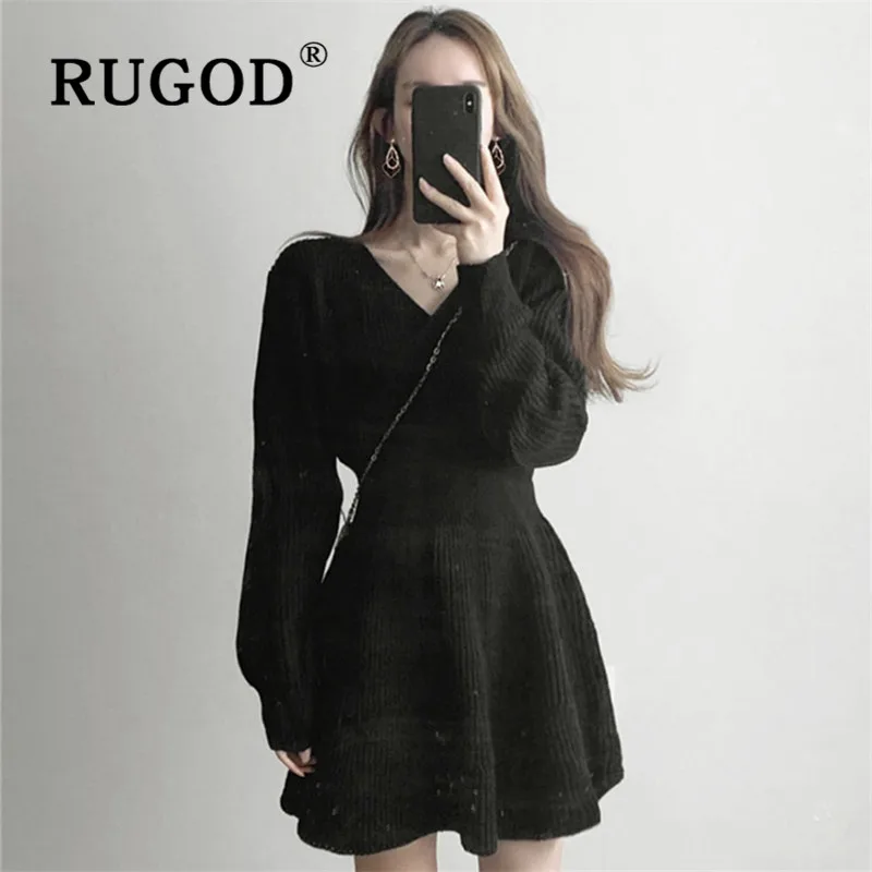 RUGOD однотонные винтажные вязаные платья для женщин корейское шикарное