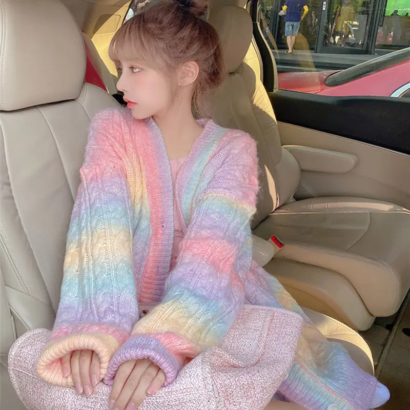 

2021 Autumn Winter Women Rainbow Cardigan Warm Knitted Sweater Jacket Fashion Tie Dye Knit Cardigans Coat Lady Loose Sweaters