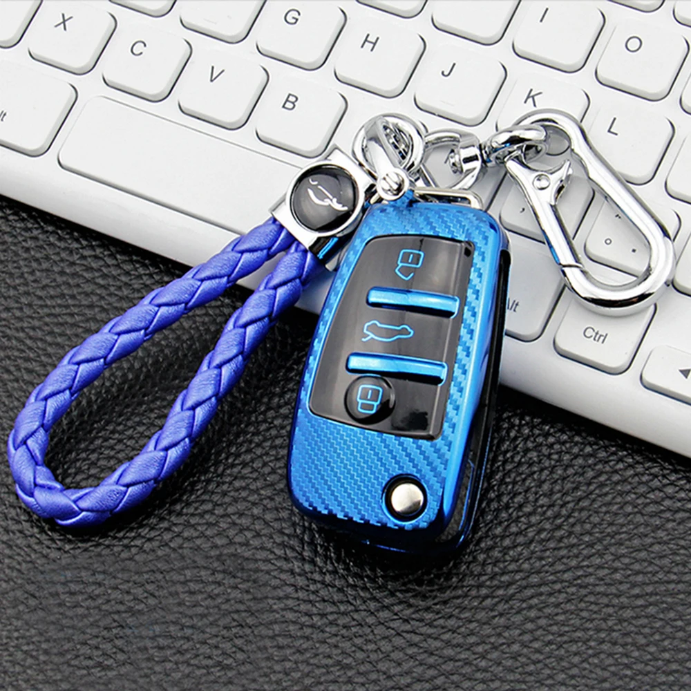 

For Audi A1 A3 A4 A5 A7 A8 C6 Q7 R8 TPU Carbon Fiber Car Folding Key Case Bag Cover Holder Keychain Protector Accessories
