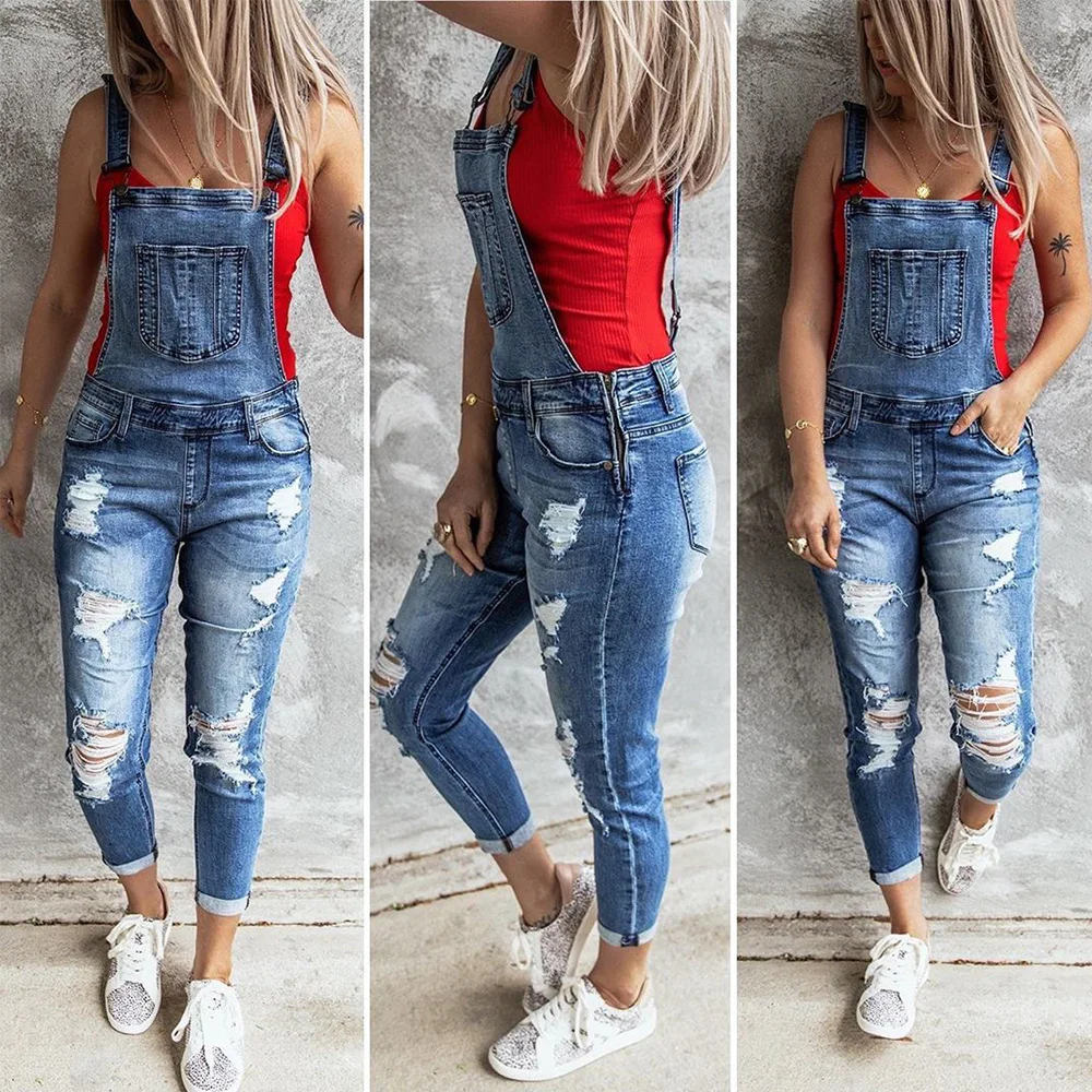 

Wepbel Skinny Denim Hemming Pants Jumpsuits Plus Size Denim Overalls Fashion Holes Summer Women Jeans Casual Washed Trousers