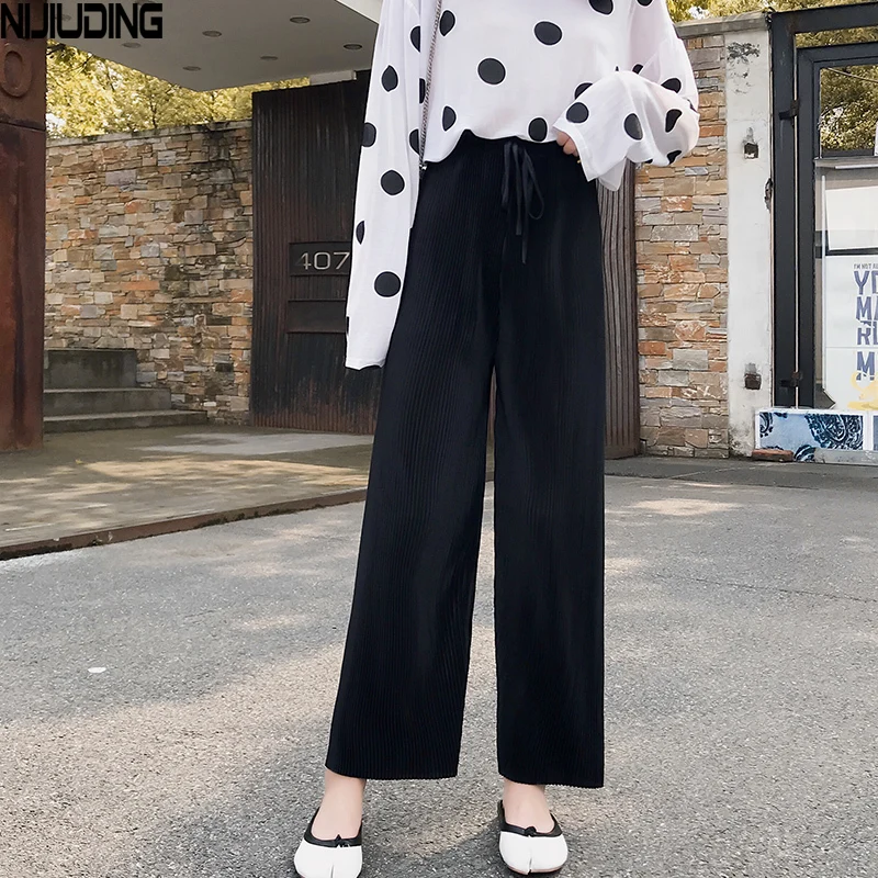 

NIJIUDING Women's Wide Leg Pants 2020 Summer Female Solid Elastic Waist Loose Meryl Pleated Pant Casual Boho Chiffon Trousers
