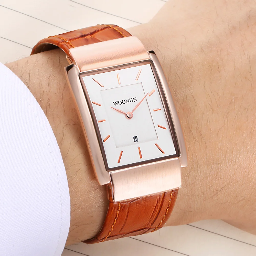 

Herenhorloge 2020 WOONUN Mens Watches Top Brand Luxury Rose Gold Rectangle Watch Leather Band Quartz Ultra Thin Watches for Men