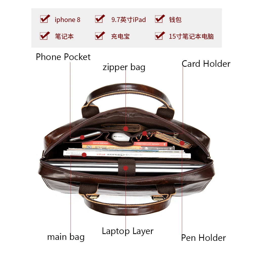 Men's Messenger Bag for Laptop 15.6 Genuine Leather Documents Handbag  Male Business Briefcase Luxury Travel Bag Portfolio