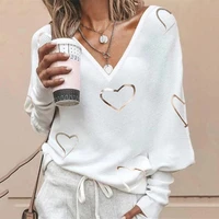 spring autumn slim women heart printing tops blusa casual v neck loose pullover blouse femme full sleeve outdoor shirt clothing