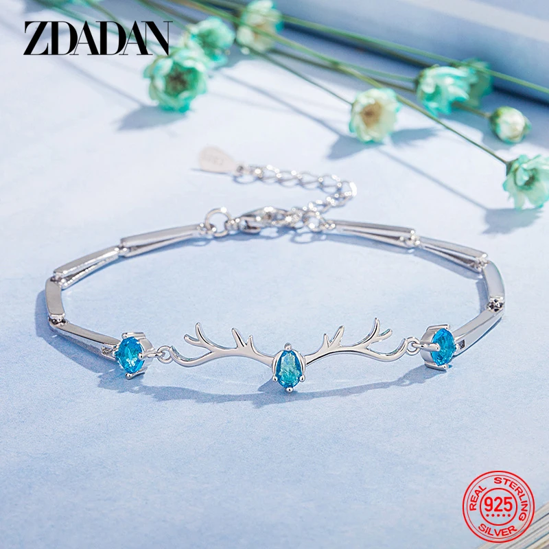 

ZDADAN 925 Sterling Silver Blue Zircon Antler Bracelet for women Fashion Gift Wedding Jewelry