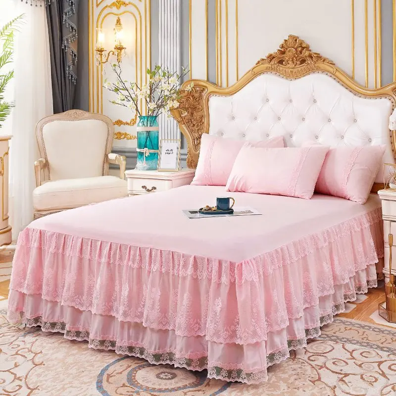 

Princess Style Bed Skirt Sheet Pink Lace Decor Girls Bed Cover Mattress Protect Cover Microfiber Solid Home Bed Sheet Only