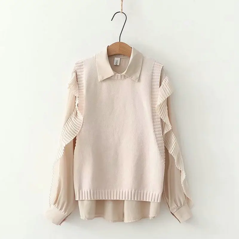 2 Piece Set Women Korean Solid Color Sweater Vest + Splicing Ruffled Long Sleeve Shirt Sweet Style Girl Two Piece Sets 2011903
