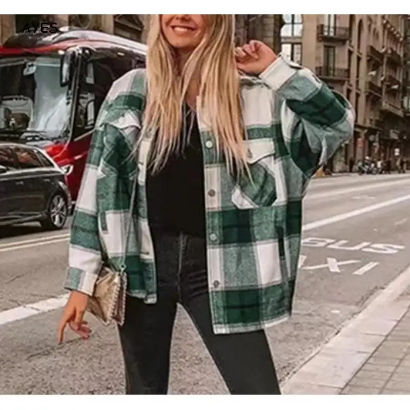 

2020 Autumn Winter Retro Plaid Jackets Coats Female Streetwear Stylish Women Oversized Bf Jacket Shirtcoat Button Pockets Loose