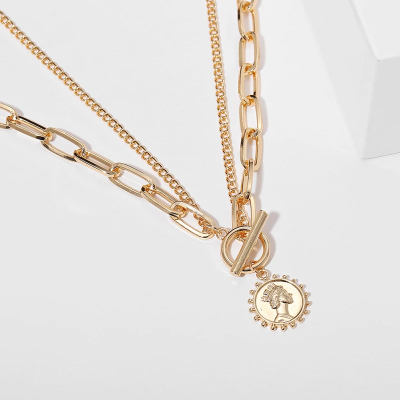 

Trendy Gold Carved Portrait Coin Pendant Necklace For Women Punk Silver Color Multilayer Chain Choker Necklace 2021 Jewelry