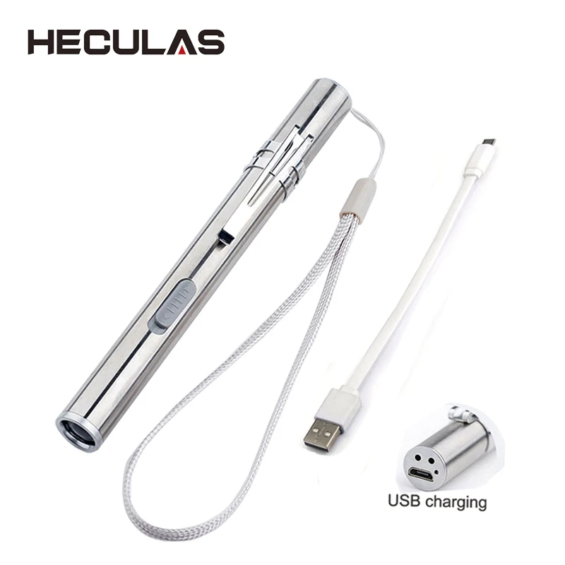 HECULAS USB Перезаряжаемый фонарик мощный мини светодиодный фонарь, подвесной светильник с зажимом из нержавеющей стали для активного отдыха