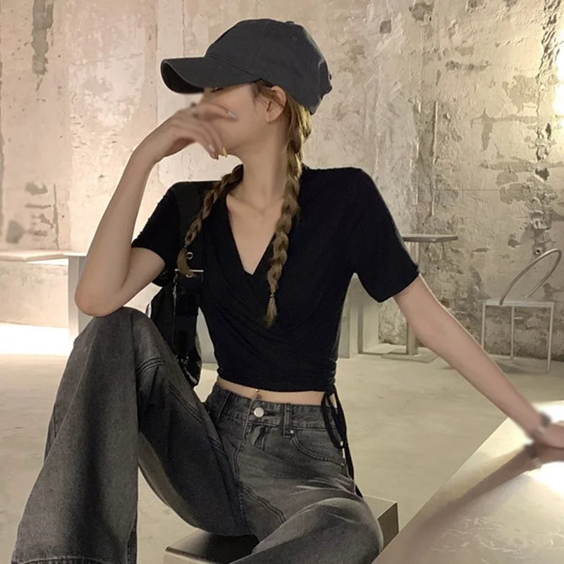 

Women V Neck Solid Colour Casual Slim Expose Navel Bandage Cotton Short Sleeve Tops