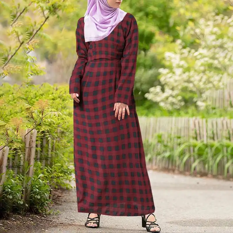 

Muslim Dress Vintage Kaftan Sundress ZANZEA Women Spring Long Sleeve Robe Plaid Printed Check Abaya Morocco Long Maxi Dresses