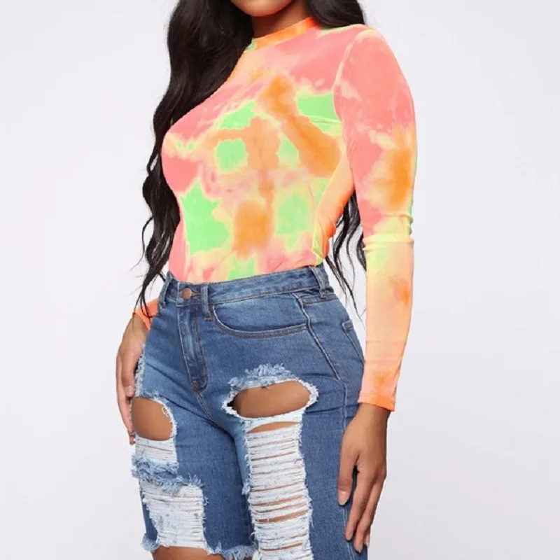

2021 spring summer women bodysuit tie dye long sleeve streetwear festival clothes body office one piece rompers bodycon