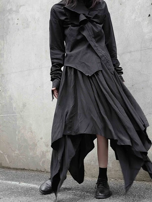 Самодельные Ямамото стиль нерегулярные Асимметричный черное платье средней