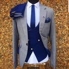 Костюм свадебный мужской из трех предметов, смокинг, пиджак, двубортный жилет и темно-синие брюки, деловые костюмы