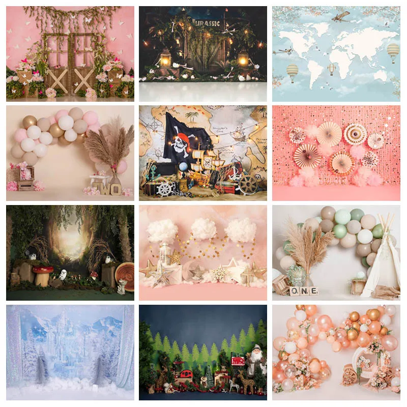 Детский фон для фотосъемки с изображением торта розовых цветов воздушных шаров