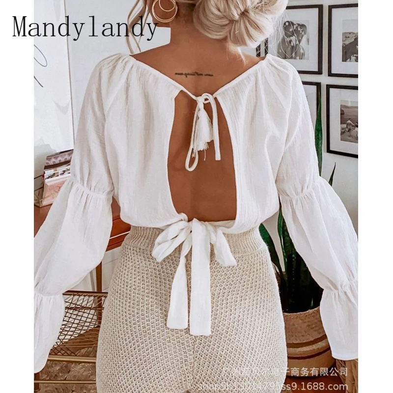 

Mandylandy Shirts Summer Sexy Backless Lace Up Flared Sleeves Shirts Women's Casual Bandage Solid Color Loose Shirt
