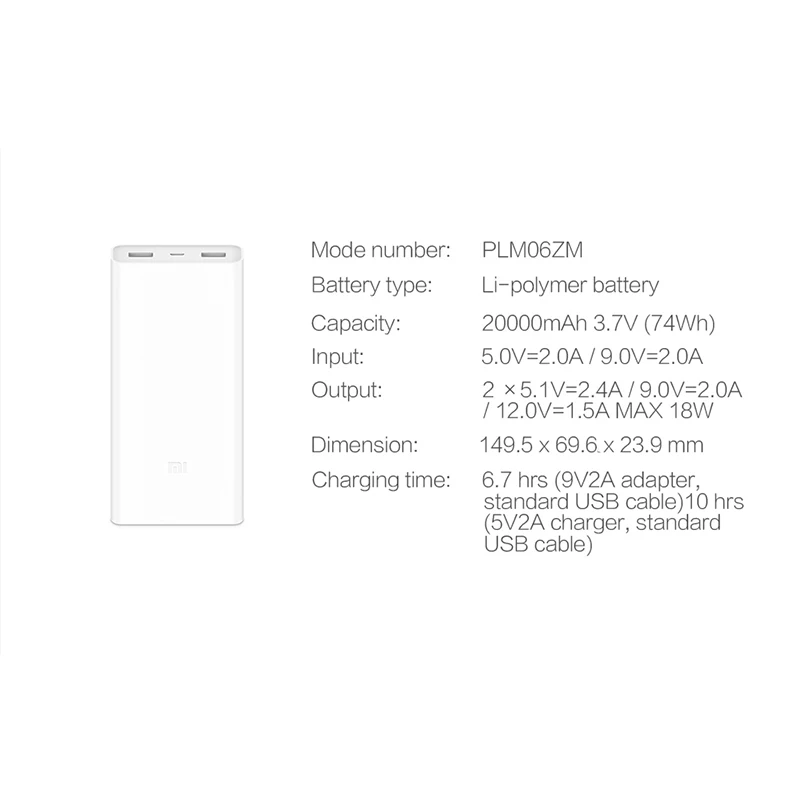 Оригинал Xiao mi power Bank 20000 мАч 2C портативное зарядное устройство Поддержка QC3.0 Dual USB