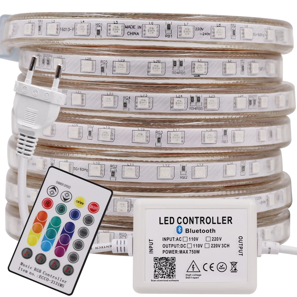 AC 110 В 220 В светодиодный светильник SMD5050 60 Светодиодный s/M гибкая светодиодная лента RGB Водонепроницаемый светодиодный светильник с Bluetooth музыкальным пультом дистанционного управления