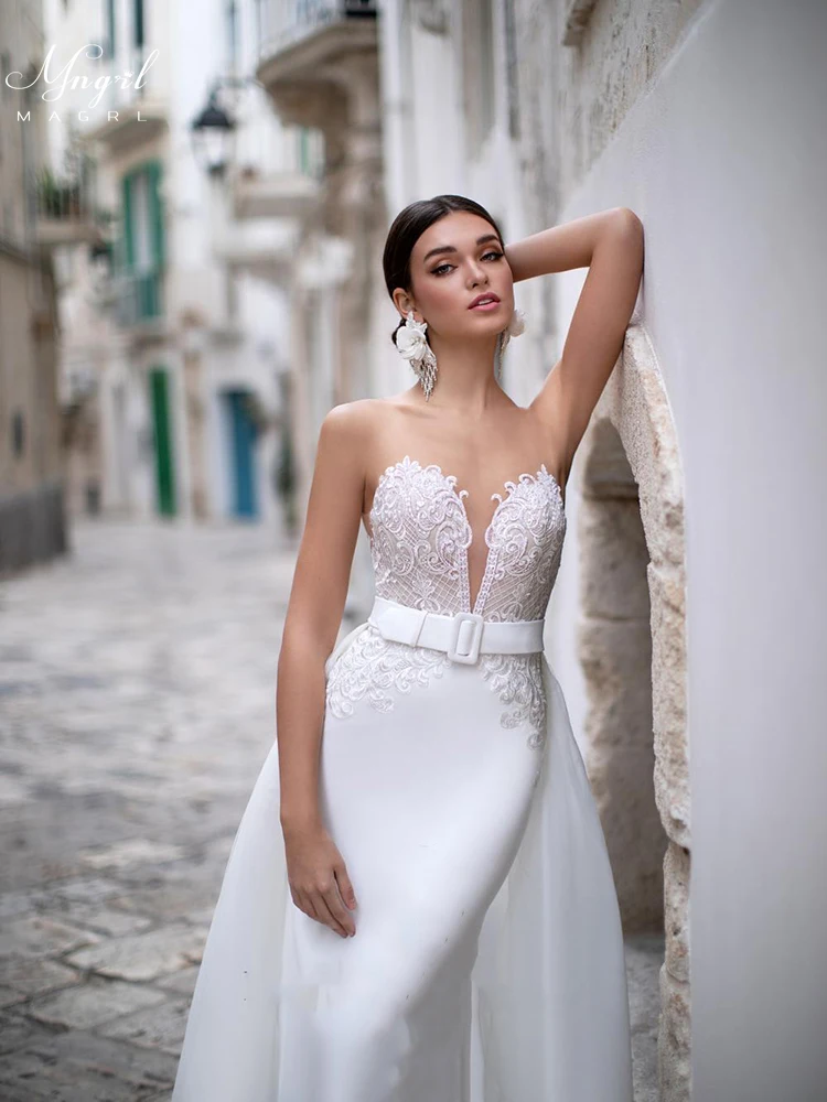 

MNGRL Luxury Retro Mermaid White Sleeveless V-neck 3d Flower Chiffon Plus Size Bridal Dresses Backless Tail Wedding Gown