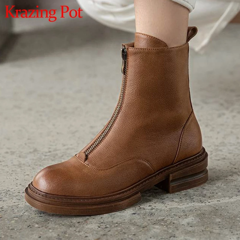 

Krazing Pot cow split leather zipper winter shoes round toe thick bottom Chelsea boots med heels non-slip Rome ankle boots l22