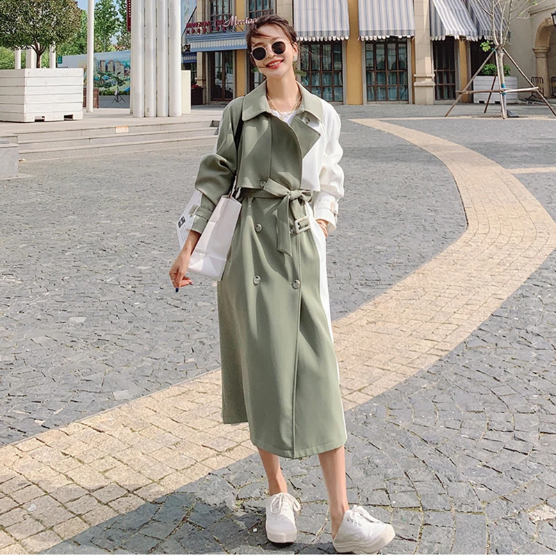 

Women Trench Coat Spring Autumn Long Windbreaker Splicing Color Contrast British Casual Ladies Cloak Loose High Quality Jacket