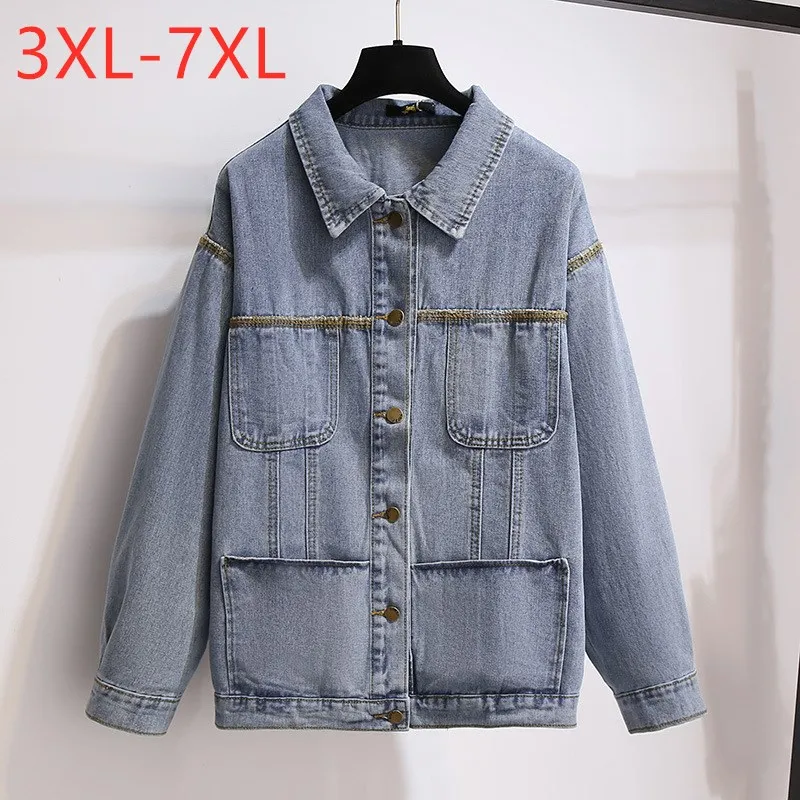 

Plus Size Jeanswear Jacket For Women New Spring Autumn Large Loose Long Sleeve Cotton Blue Button Denim Coat 3XL 4XL 5XL 6XL 7XL