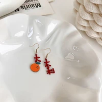 lovoacc 2022 new year cute asymmetric orange dangle drop earrings for women red chinese letter hanging earring festival jewelry