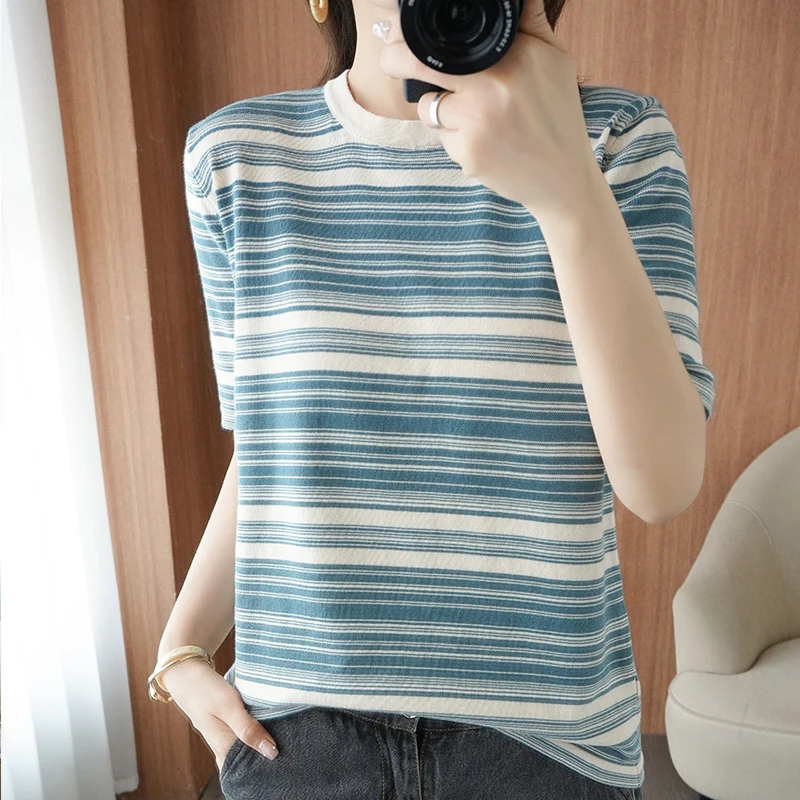 

MVLYFLRT Summer New Style 100% Cotton Short-Sleeved Women's O-neck Knitted Pullover Vest Striped Casual Plus Size T-shir
