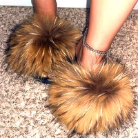 women real fox fur slippers woman fluffy raccoon fur slides female furrry indoor flip flop women flat fur slides slip on shoes