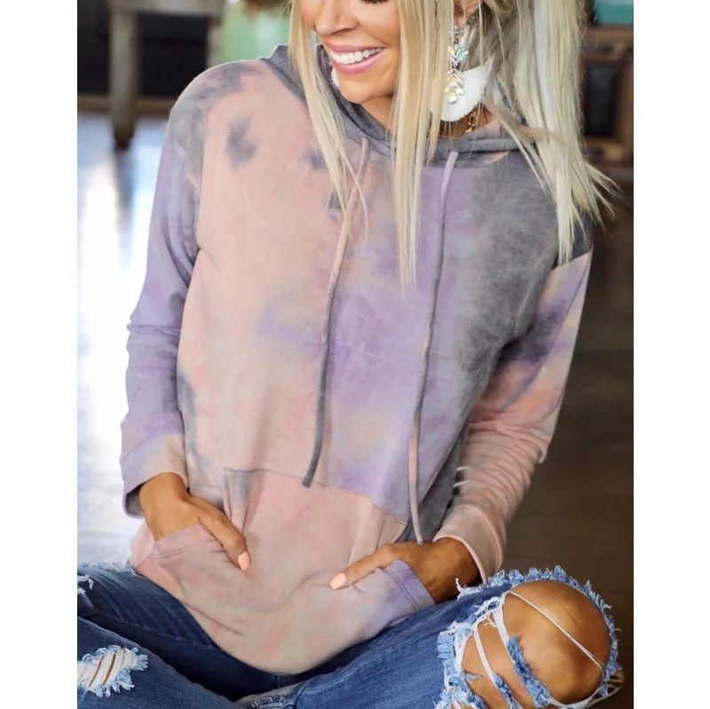 

Autumn New Women's Sweater 2021 Tie-dye Printing Loose Long-sleeved Pullover Hooded Casual Top Wn*