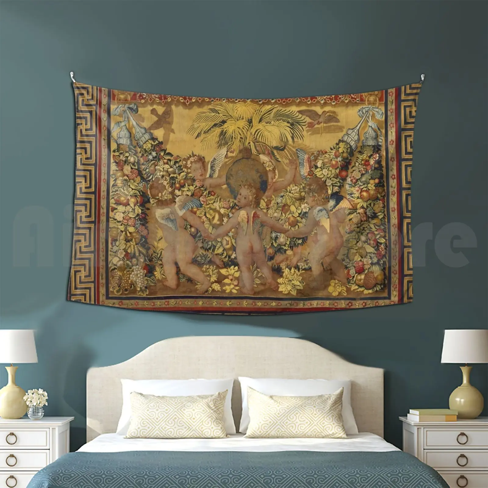 

Six Putti Dancing Around A Globe And A Palm , Gold Yellow Brown Floral Renaissance Tapestry Tapestry Living Room Bedroom