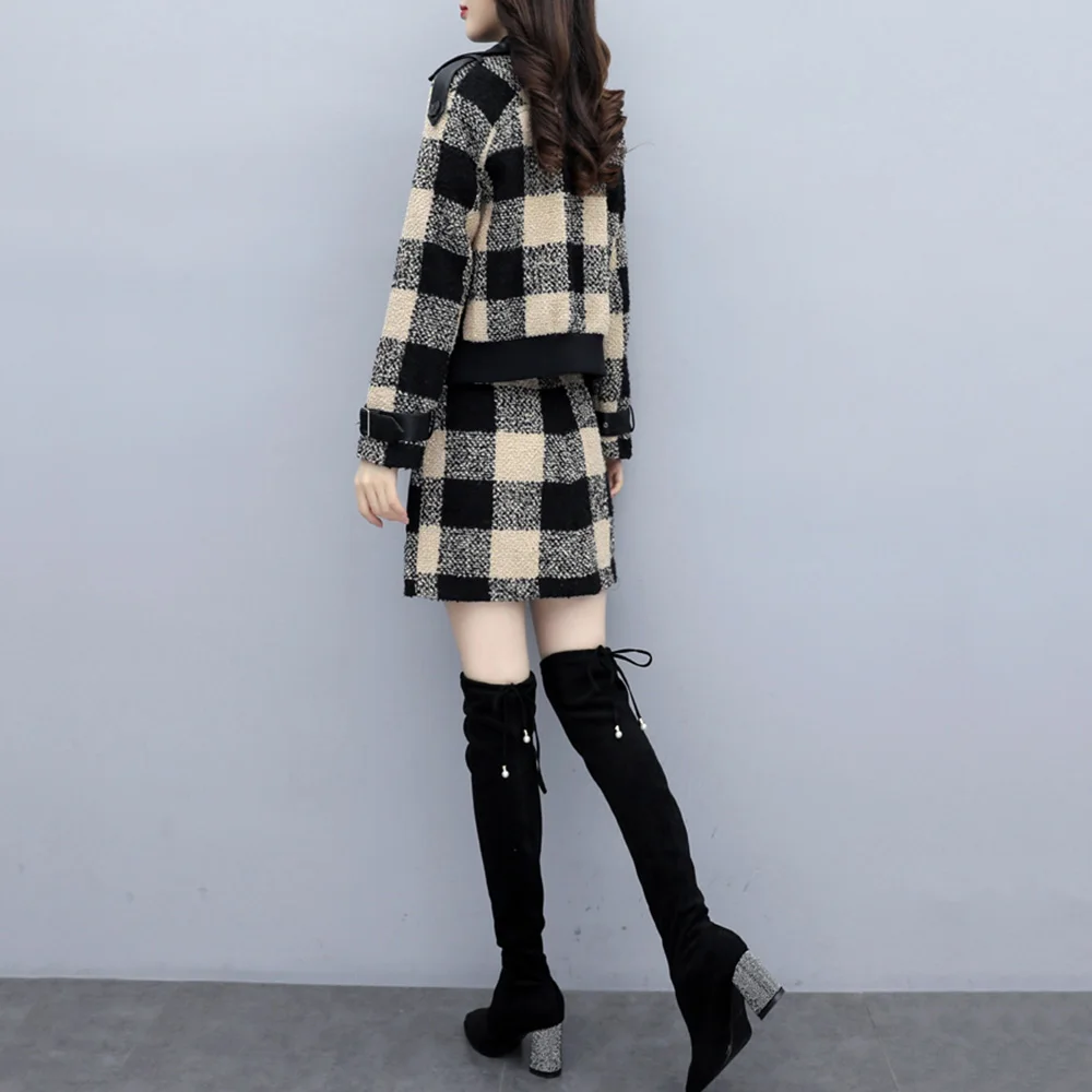 Sisjuly Office Ladies Two Piece Sets Trendy Two-piece Woolen Stitching Jacket Brit Graphics Skirts Casual Suits Female Korean |