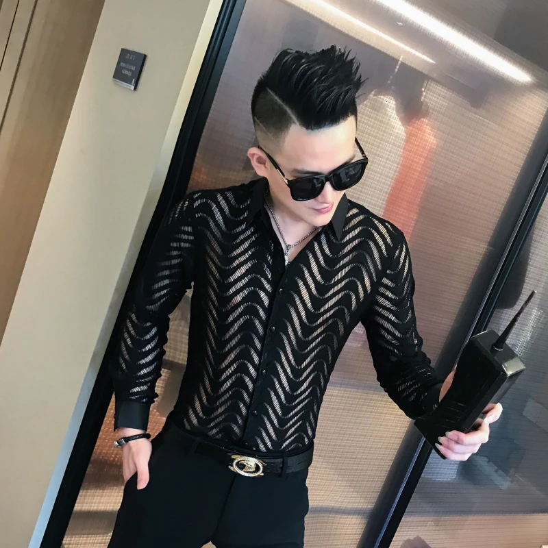 Transparent Shirt Summer Short Sleeve Shirt Camisa Hombre Stitching Stripe Shirt See Through Shirt Men Chemise Homme Marque Luxe