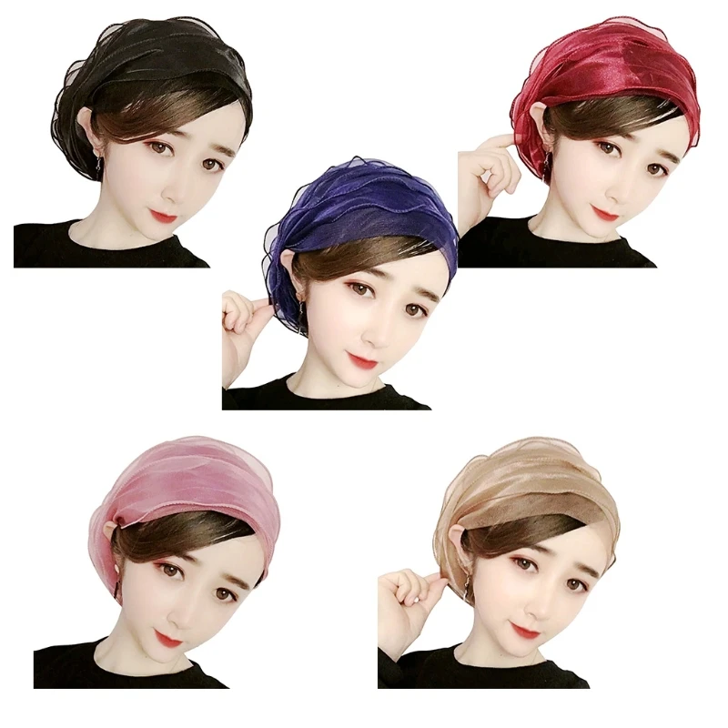 

Women Muslim Pleated Mesh Hijab Turban Cap Multi Layer Sheer Tulle Solid Color Stretch Beanie Headwrap Bonnet Chemo Hat
