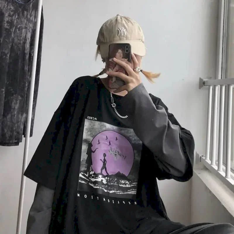 

Long-sleeved T-shirt Female Early Autumn New Harajuku Bf Style Student Korean Version Of Loose Stitching Fake Two Outer Clothe
