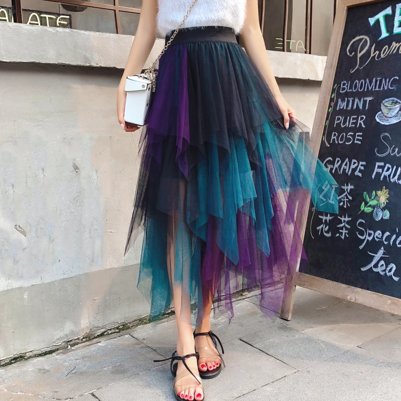 

2019 New Spring Fashion Multi-color Patchwork Gauze Ruffles Irregular Skirt Elastic Waist Long Skirts Plus Size yy372